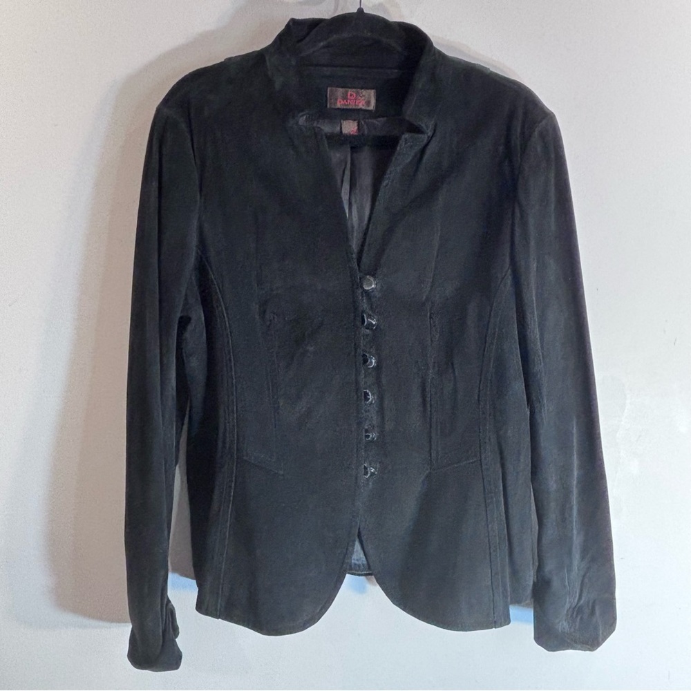 DANIER Sz L (estimated) Mao Neckline Black Suede Blazer Lined